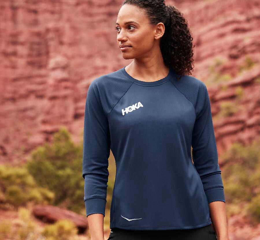 Top Hoka One One Mujer Azul Marino - Performance 3/4 Sleeve - HDTI83160